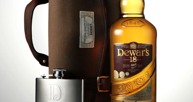 Dewar’s Blended Scotch Whisky with bag and hip flask