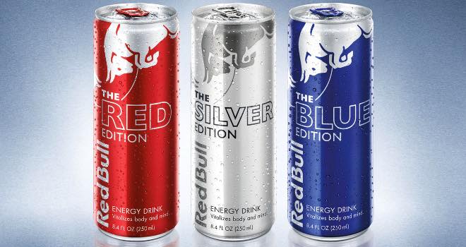 Red, Blue and Silver Editions of Red Bull Energy Drink