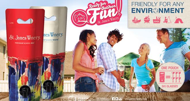 Eco-friendly wine pouches from St James Winery