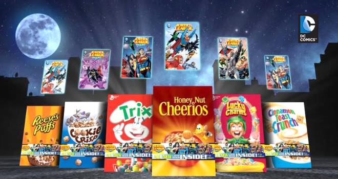 Justice League characters on collectible Big G cereal boxes