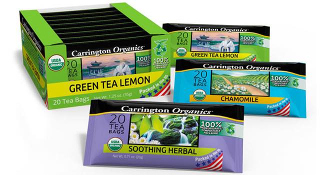 Carrington Organics Tea with biodegradable packaging