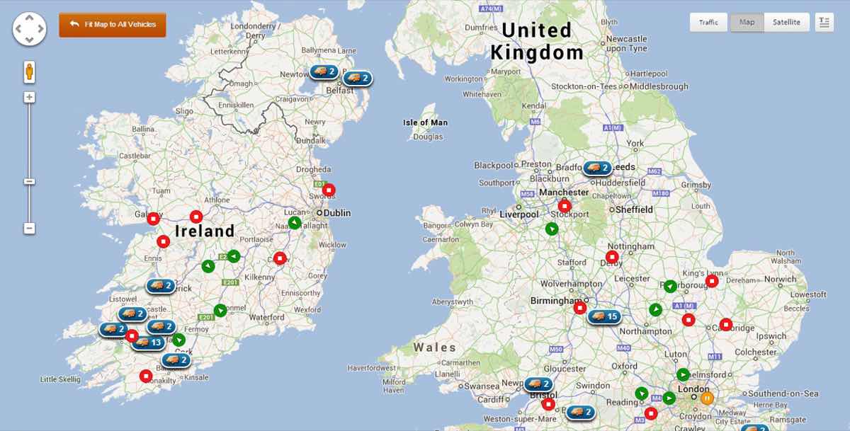 Fleetmatics Reveal's live map shows the real-time status of the entire fleet.