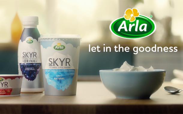The advert ends with a full range shot of its skyr yogurt and drinks.
