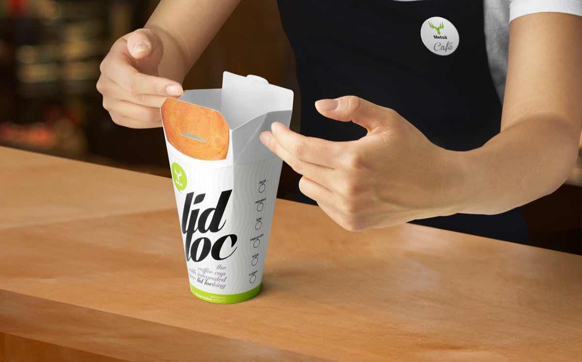 The Lidloc cup features side panels that can be folded inwards to form a lid.